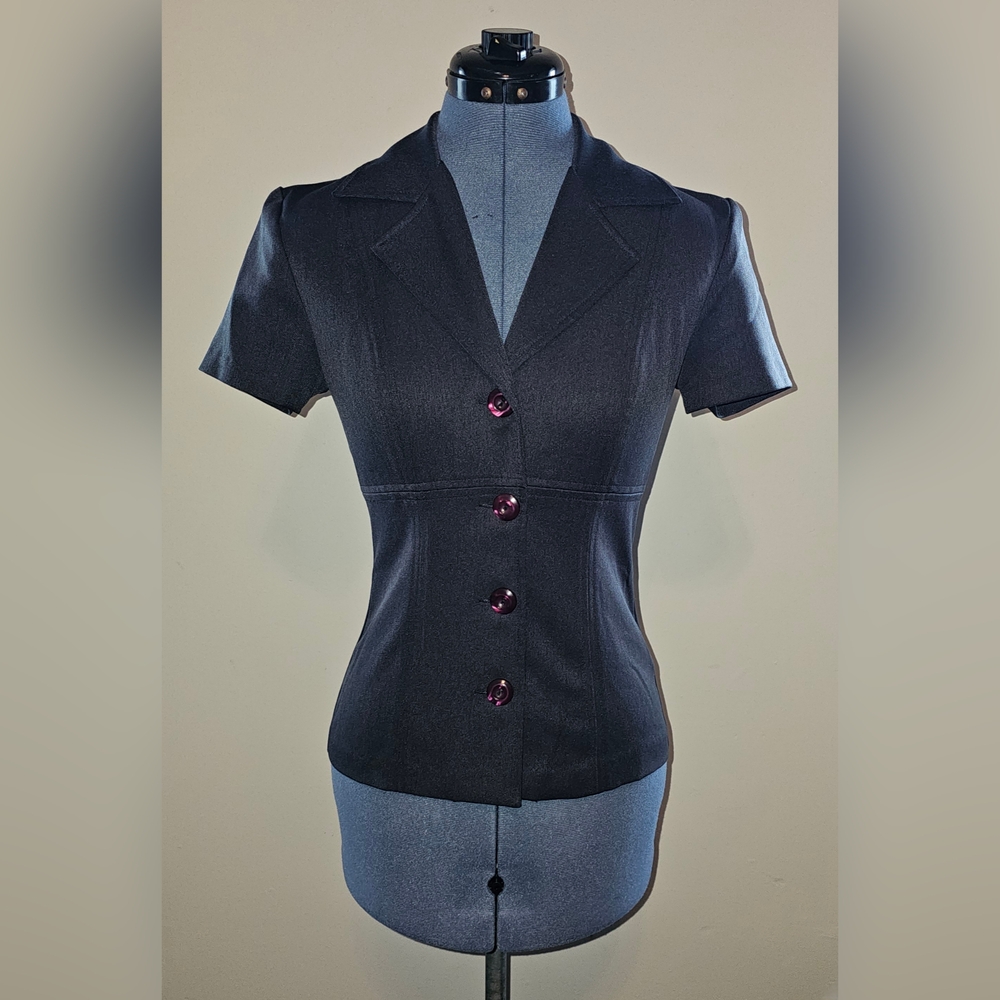 MY MICHELLE Dark Gray Short Sleeve Button Up Suit Top